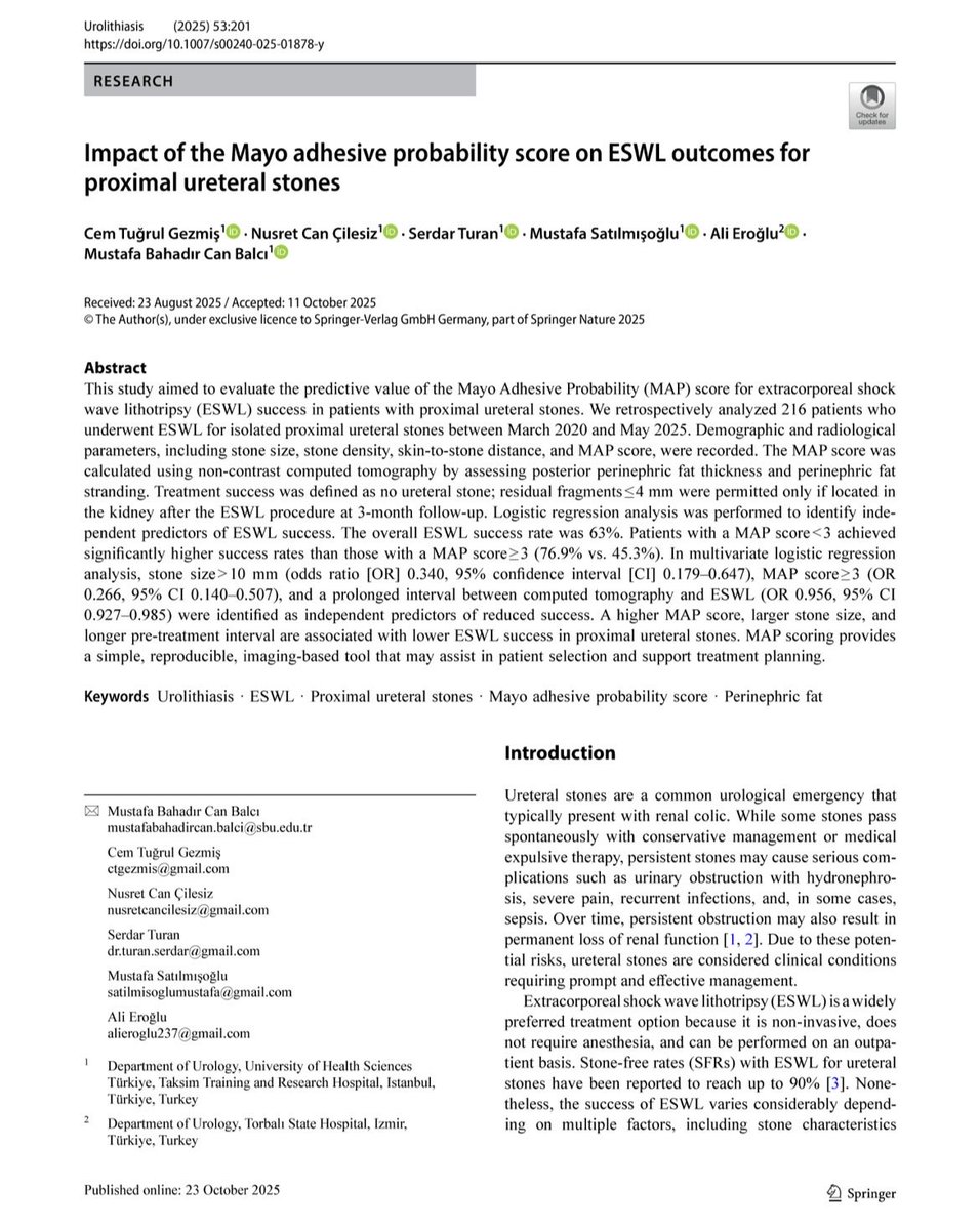 md_serdarturan's tweet photo. 📢 We are thrilled to share our latest publication in Urolithiasis, exploring the impact of the Mayo Adhesive Probability (MAP) score on ESWL outcomes for proximal ureteral stones! https://t.co/7NUvoo4y0N