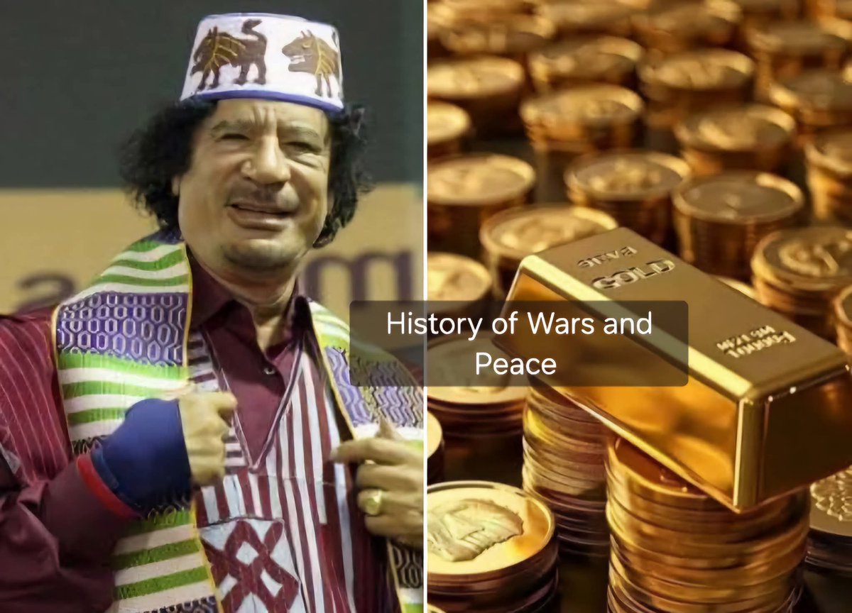 لیبیا کا 144 ٹن سونا جو کرنل قذافی نے جمع کر رکھا تھا تاکہ قذافی کو پورے افریقہ کیلئے ایک کرنسی قائم کرنے کے پراجیکٹ میں کامیابی ملے لیکن وہ سونا چوری ہو گیا یہ سونا اُس وقت غائب ہو گیا جب نیٹو نے لیبیا میں مداخلت کی، مغربی افواج نے مبینہ طور پر یہ سونا "بڑے پیمانے پر تباہی 
👇
