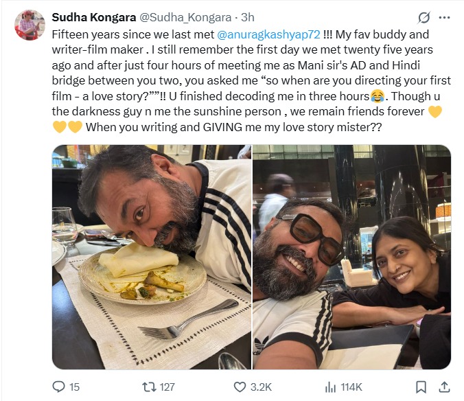 ChennaiTimesTOI's tweet image. Sharing nostalgic pictures with #AnuragKashyap, #SudhaKongara writes, “My favorite buddy and writer-filmmaker. I still remember the first day we met 25 years ago.”