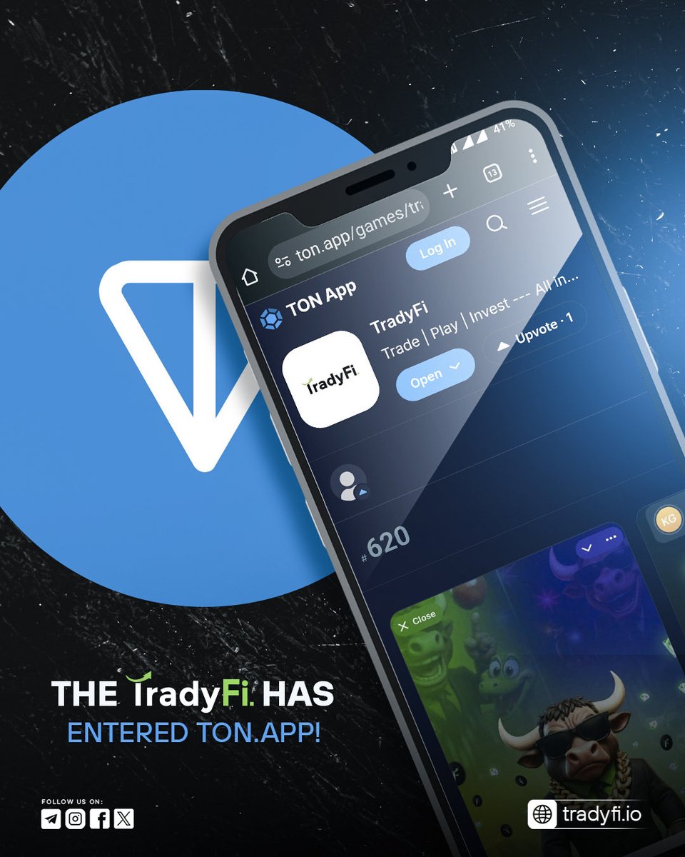 tradyfi_TDF's tweet photo. ๐ Weโre officially LIVE on https://t.co/xbEZoFiLpT!
The TradyFi revolution has entered the arena โ trade, play, invest, and climb to the top ๐ฅ
๐ Open now: https://t.co/CCBOCnlpd4
๐ Upvote โข Explore โข Dominate
#TradyFi #TONBlockchain #MiniApp #CryptoGaming #TradeToEarn #Web3Revolution #TONApp