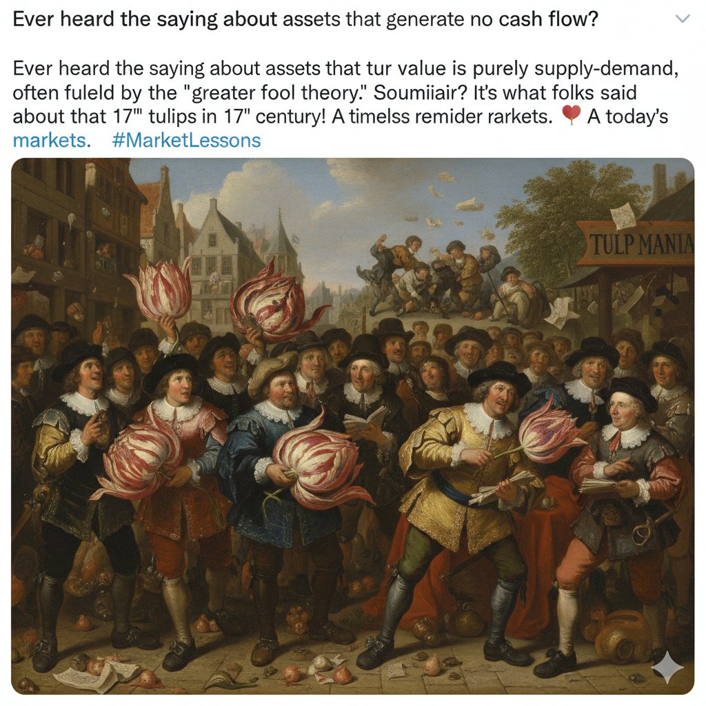 RevanthAryan's tweet image. Assets that generate no cash flows cannot be assessed through intrinsic valuation; their prices are set by supply–demand dynamics, often propped up by the greater fool theory. People once said the same things about tulips in the 17th century #TulipMania #investing