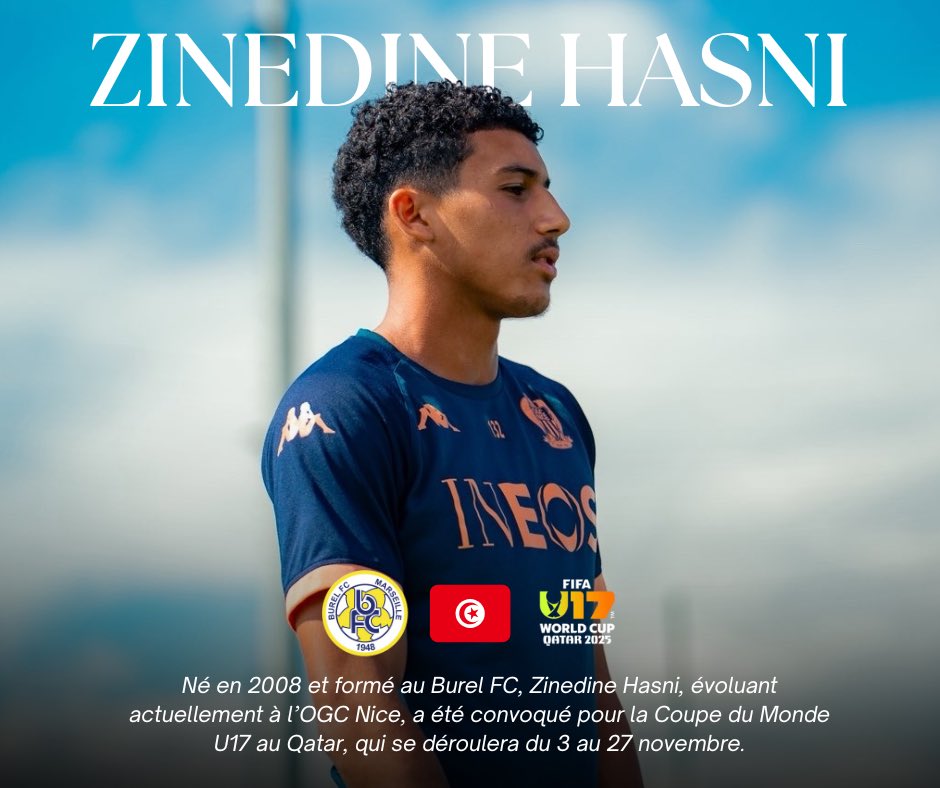 🇹🇳 Zinedine Hasni à la Coupe du Monde U17 ! ⚽️
En route pour le Qatar avec les Aigles de Carthage 💪🔥

📅 Matchs :
3 nov – 🇹🇳 Tunisie vs Fidji
6 nov – 🇦🇷 Argentine vs Tunisie
9 nov – 🇧🇪 Belgique vs Tunisie

#TunisieU17 #ZinedineHasni #CoupeDuMondeU17 #FiersDeNosJeunes #Qatar2025