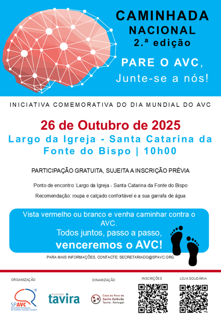 📌​Caminhada Tavira
🗓️​26 de outubro
⏰​10h00

Atenção, Tavira! 🚨​Amanhã há caminhada com ponto de encontro no Largo da Igreja Matriz de Santa Catarina da Fonte do Bispo, em prol da sensibilização para o AVC. ⛪

#SPAVC #2CaminhadaNacional #DiaMundialDoAVC