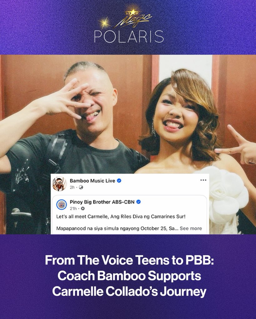 polarisabscbn's tweet photo. LOOK: Former #TheVoicePH coach Bamboo shows his support for his former Kamp Kawayan member #CarmelleCollado on her PBB Collab 2.0 journey. 🌟

Carmelle joined #TheVoiceTeens on ABS-CBN in 2019 under Bamboo where she finished as a runner-up before joining TNT on #ItsShowtime. 🎤 https://t.co/MQlhSehKOf