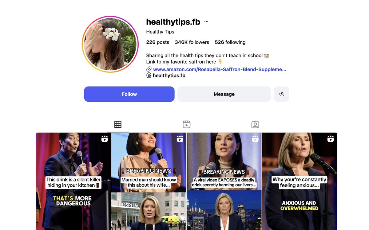 this health page is clearing $94k/month reposting ai clips with affiliate links on autopilot

346k followers
226 posts

no personal brand
no filming
no editing

just short ai videos published across platforms daily

the playbook is simple:

pick a niche → repost with consistency