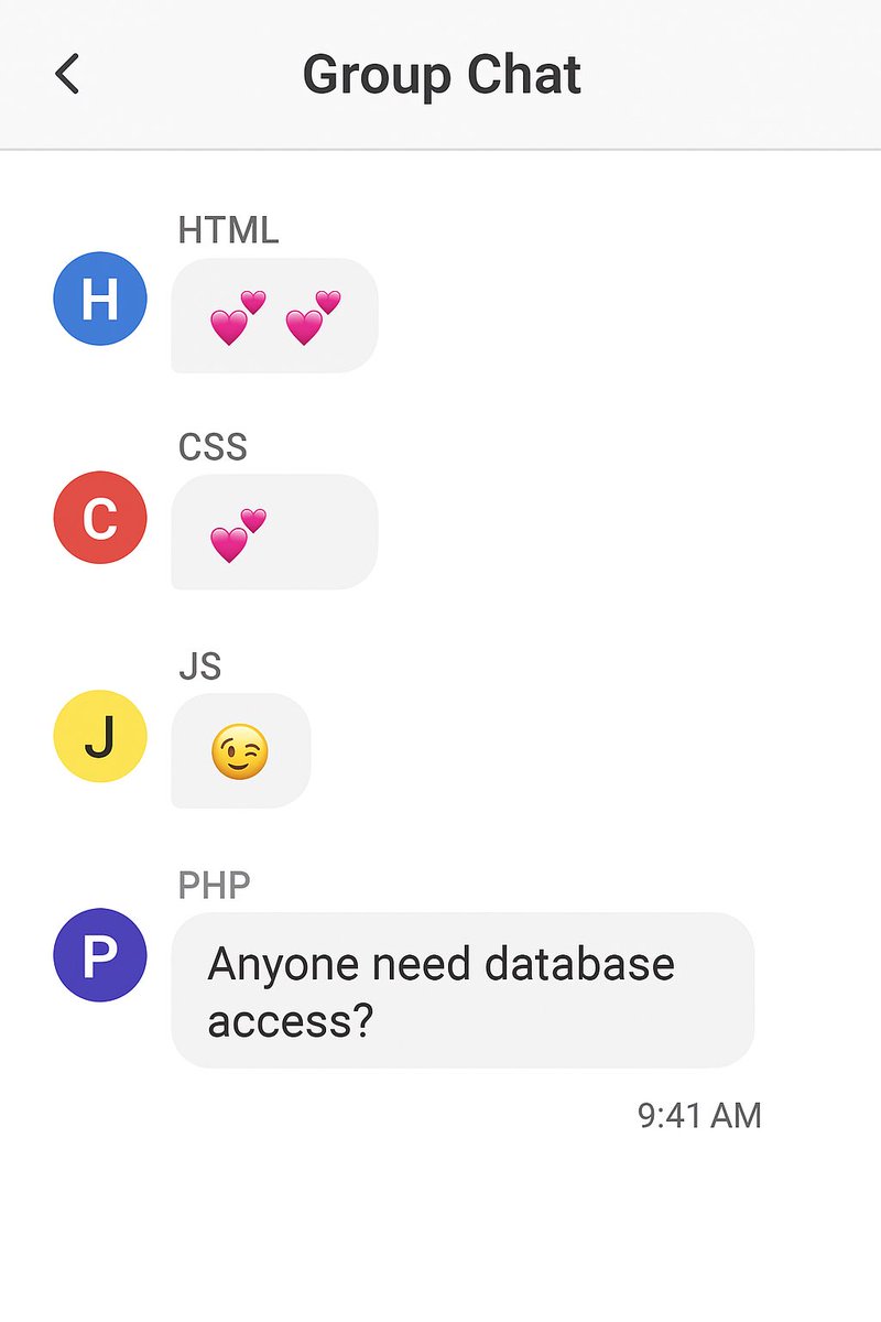 mufratnir's tweet image. HTML and CSS are dating.
JS flirts occasionally.
And then PHP steps in — trying to connect everything to a database. 💔
#CodeHumor #WebDev