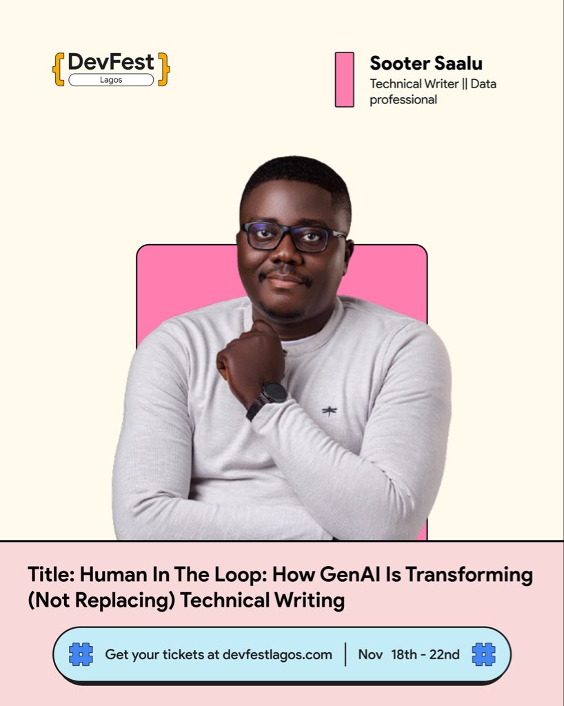 We are excited to announce <a href="/Soot311/">Soot3</a> as a speaker for #DevFestLagos25.

Sooter Saalu is a data professional and technical writer who specializes in creating comprehensive documentation for data and DevOps products.

This session will get into how GenAI tools like ChatGPT, GitHub
