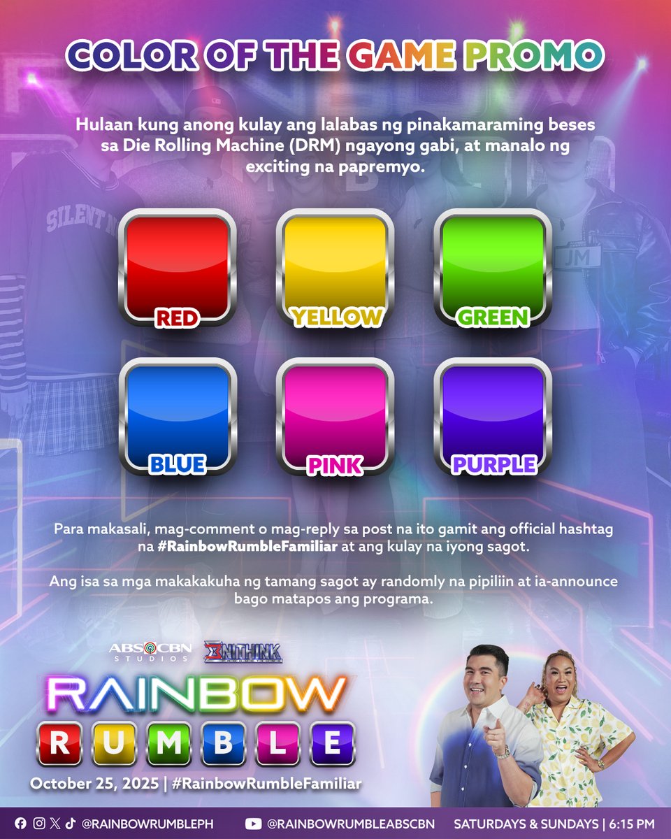 Chance mo na para manalo ng exciting na papremyo sa COLOR OF THE GAME promo! 🌈💪🏻

Hulaan kung anong kulay ang lalabas ng pinakamaraming beses sa DRM ngayong gabi. Para makasali, mag-reply dito gamit ang hashtag na #RainbowRumbleFamiliar at ang kulay na iyong sagot.