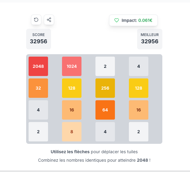 2Neron2's tweet photo. Record battu sur le 2048 solidaire de @FabrikaDons.

Bon, ok, y’a pas encore de sauvegarde des scores,
donc la seule preuve c’est ce tweet.

(Venez me battre si vous osez 💪)

👉 https://t.co/dq6XbPp9F3
🎥 En live actuellement pour dev tout ça : https://t.co/guIhoN5S3d https://t.co/eaUfFNwCQi