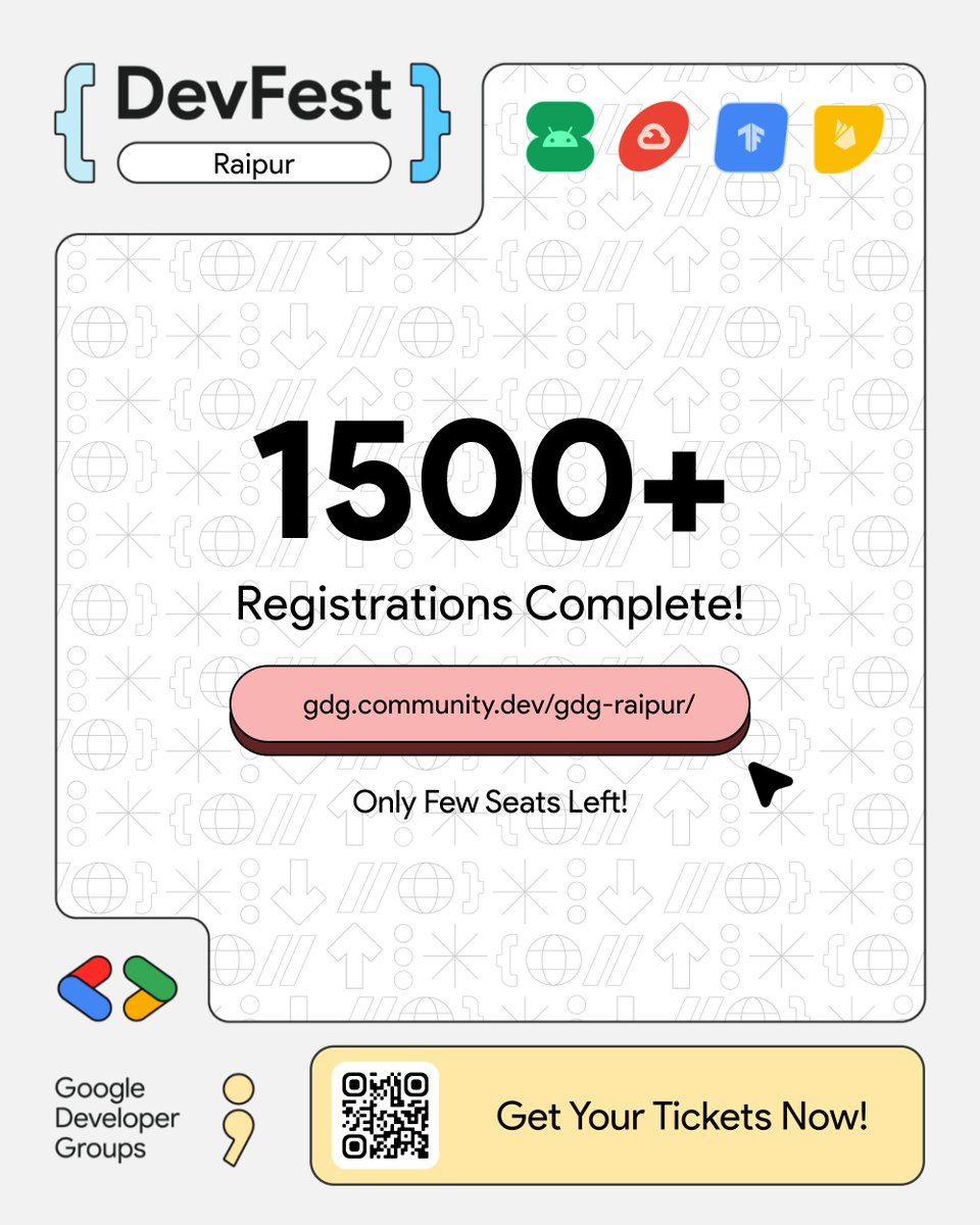 DevFest Raipur ’25 Milestone Unlocked! 🎉

This is your exclusive chance to be part of Central India’s biggest tech festival! ⚡

Don’t miss out on the innovation, networking, and inspiration waiting for you.

🎟 Get your tickets now: bit.ly/dfraipur25

#DevFestRaipur