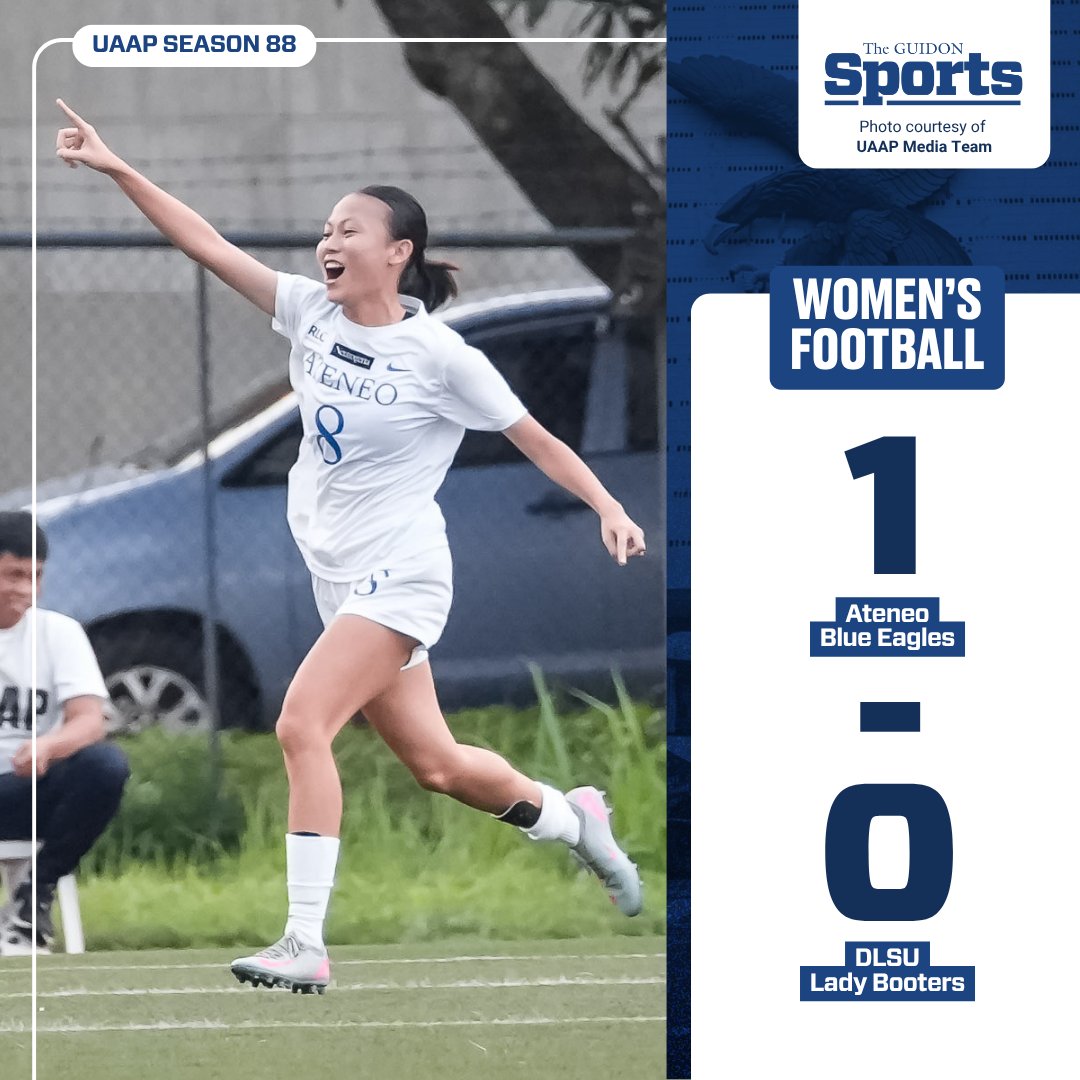 TheGUIDONSports's tweet image. VICTORY RECIPE  

The Ateneo Blue Eagles soar past the DLSU Lady Booters in their second round encounter in the UAAP Season 88 Women’s Football Tournament, 1-0.   

#AteneoFootball 
#OneBigFight 
#UAAPSeason88