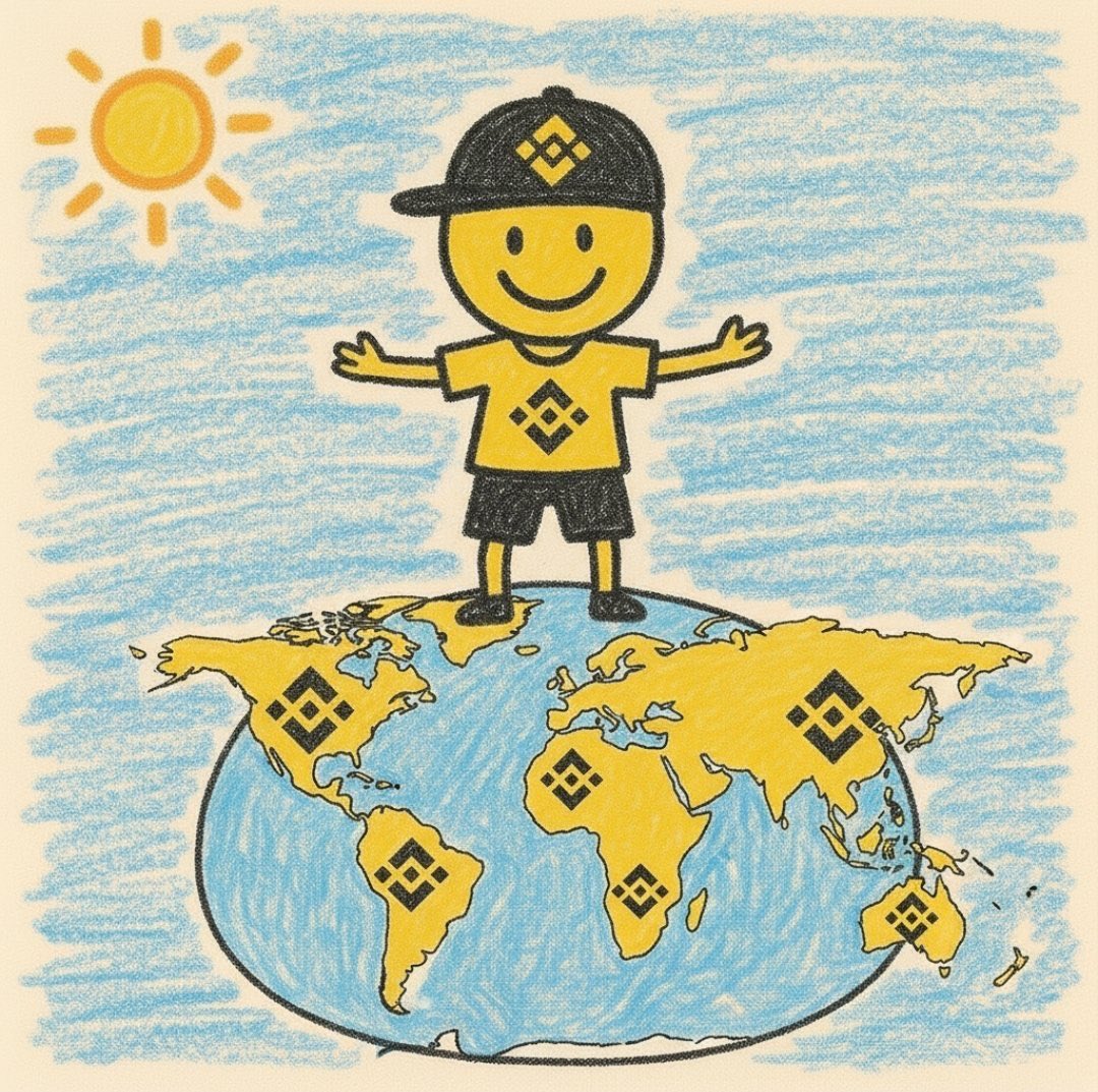 Cartoon character in BNB outfit standing on a globe with BNB logos