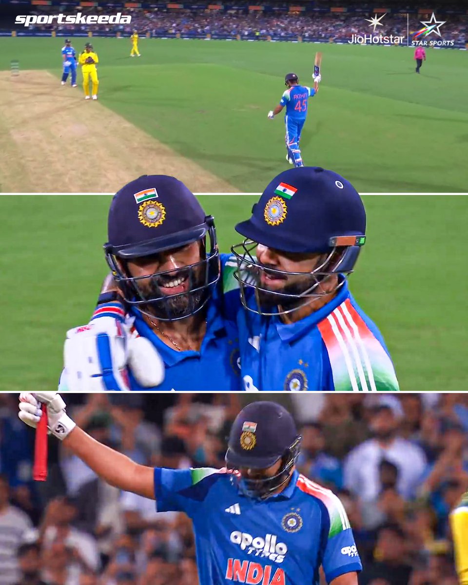 𝐇𝐔𝐍𝐃𝐑𝐄𝐃 𝐅𝐎𝐑 𝐑𝐎𝐇𝐈𝐓 𝐆𝐔𝐑𝐔𝐍𝐀𝐓𝐇 𝐒𝐇𝐀𝐑𝐌𝐀! 🔥🐐
9️⃣th ODI century vs Australia &amp; 5️⃣0️⃣th international hundred overall! 👑
Sharing smiles with Kohli — legends supporting legends 💙

#AUSvIND #RohitSharma #ODIs