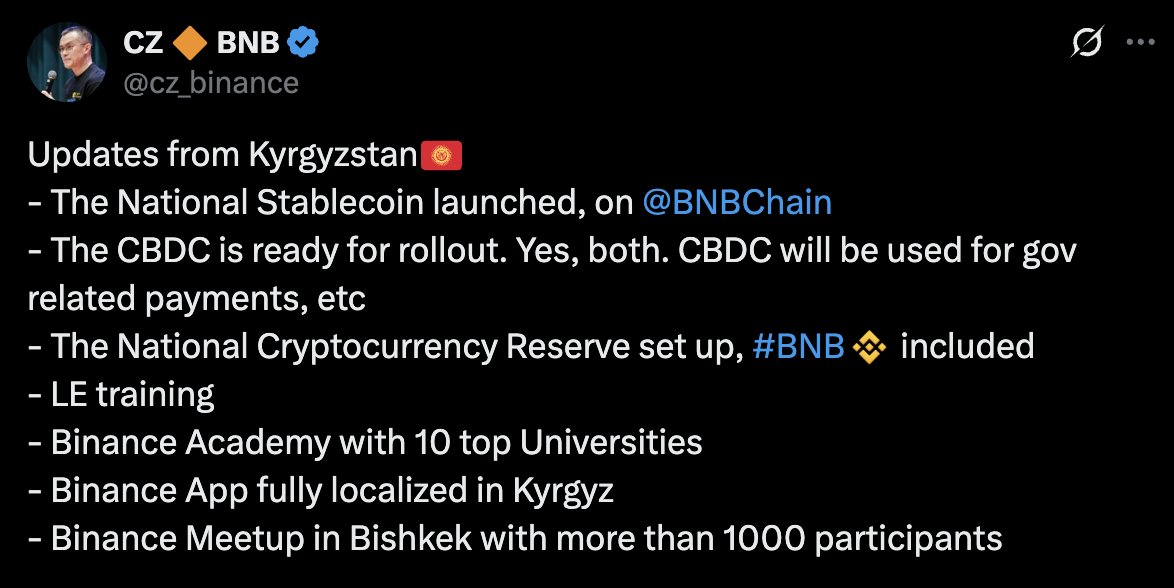 blocktrainer's tweet image. Laut @CZ_Binance hat Kirgistan die angekündigte Krypto-Reserve nun errichtet. 🇰🇬👀

Kirgistan arbeitet mit @Binance bei der nationalen Krypto-Strategie zusammen.