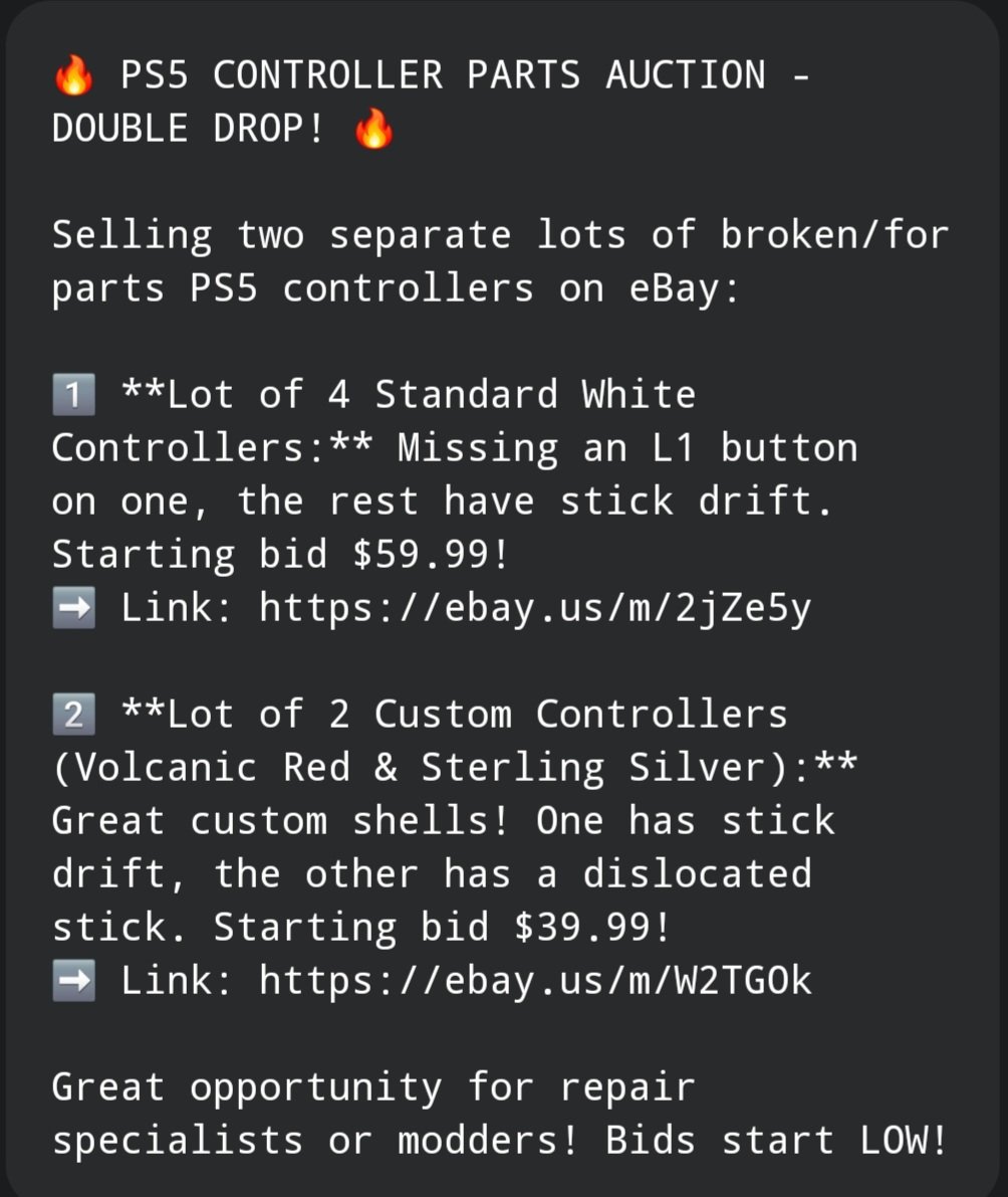 #SELLING #PS5 #Controllers for parts 
ebay.us/m/2jZe5y
ebay.us/m/W2TGOk
