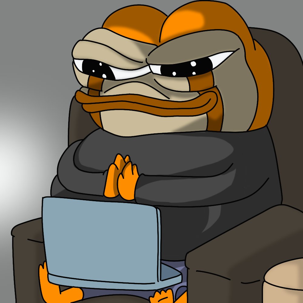 Orange Pepe frog sitting with laptop, looking focused