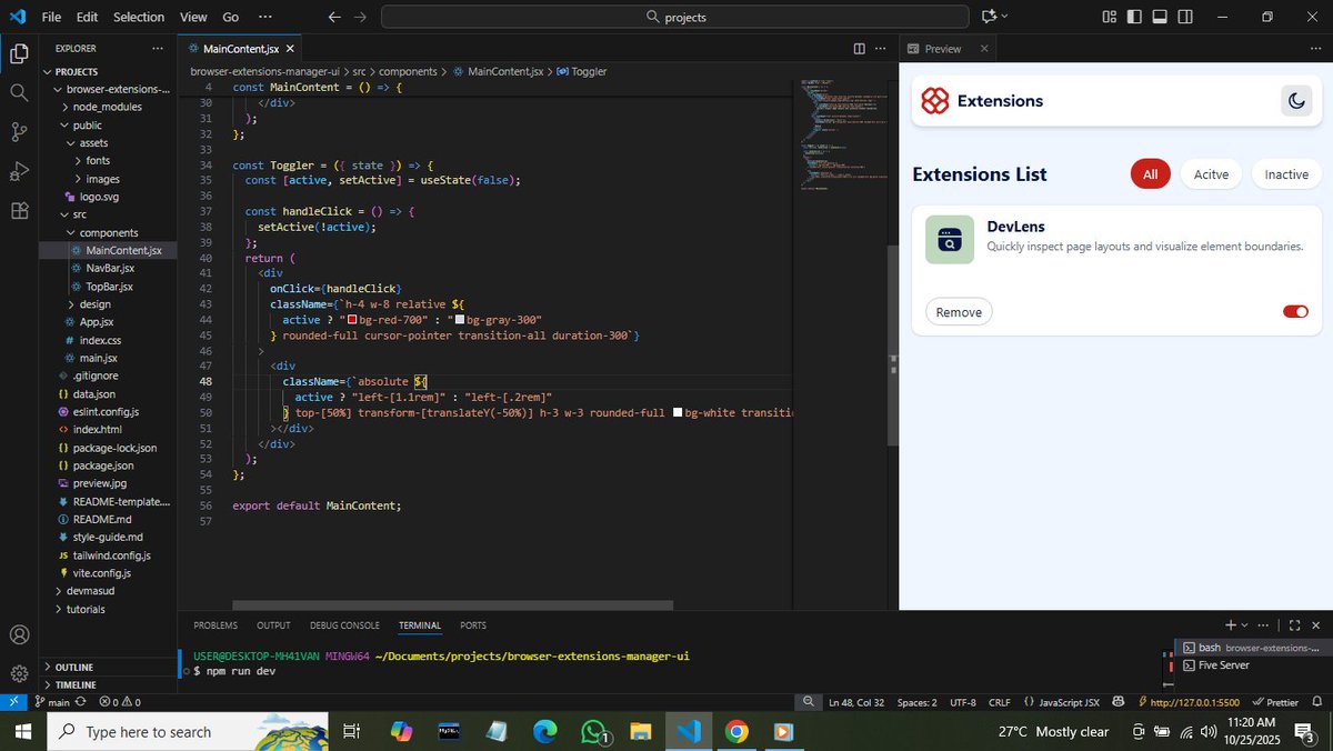 DevMasud's tweet image. Good morning, gentlemen! 🙌
Thank God for another day to thrive!
It's Saturday, so I'm taking on a frontend challenge to build a browser extension manager interface. Just having fun! 😀
#WebDevelopment #Frontend #Challenge