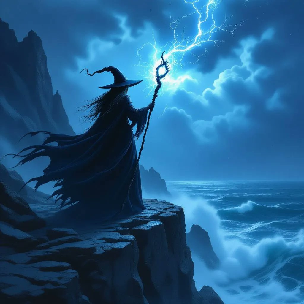 verdinedaniels's tweet image. A powerful witch, cloaked in shadows woven with starlight, stands atop a craggy cliff overlooking a stormy sea. Her staff crackles with arcane energy, casting an eerie, bioluminescent glow. The scene is dramatic and gothic, with intense cinematic lighting highlighting the…
