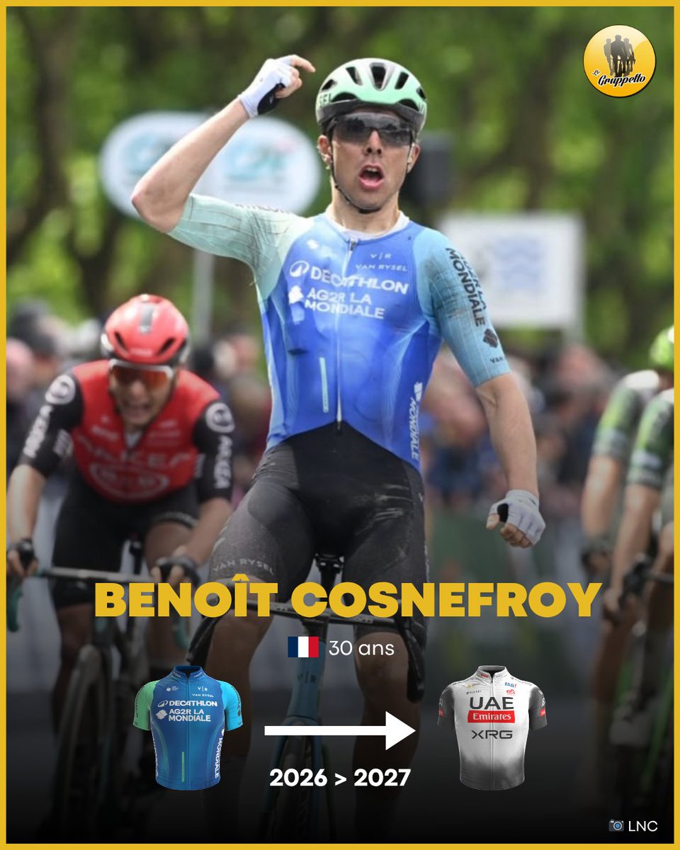 UAE Emirates annonce la signature de Benoît Cosnefroy pour les 2 prochaines saisons ! Dans la structure AG2R depuis 2017, le Normand (30 ans) va donc vivre sa première expérience à l’étranger au sein d’une équipe qui reste sur 3 saisons à la 1re place du classement UCI. #Mercato