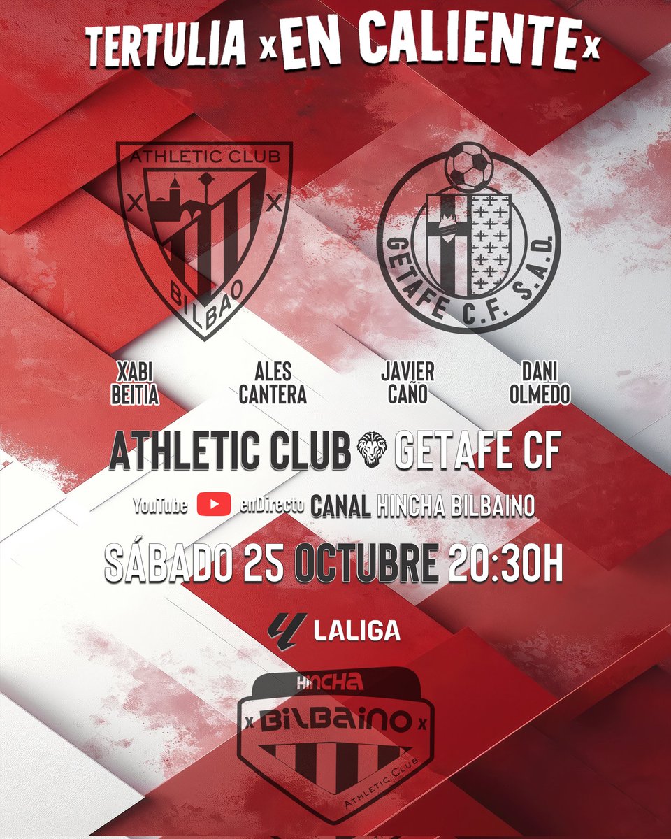 📆 Esta tarde-noche... 

10' después de finalizar el partido <a href="/AthleticClub/">Athletic Club</a> - <a href="/GetafeCF/">Getafe C.F.</a>

🕣 Pasadas las 20:30 h.

🇦🇹 Tertulia zurigorri #EnCaliente

💻 YouTube canal #HinchaBilbaino 

👥 Comentaristas: <a href="/XaBiToX/">Xabier Beitia</a>, <a href="/AlesCantera/">Ales Cantera</a>, <a href="/JCanoRuizz/">Javier Caño</a> y <a href="/DanielOlme8/">Daniel Olmedo</a>

👉🏻 ¡Estáis convocad@s!