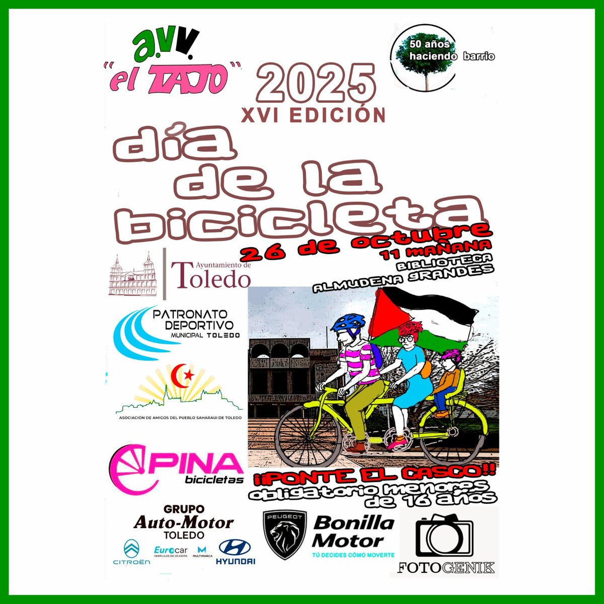 #Toledo #Vecindario #Movilidad  
📢 DÍA DE LA BICICLETA 2025 🚴🚴‍♂️🚴‍♀️.
🗓️ 26 OCT 🕚 11:00H.
🗺️ Biblioteca Municipal barrio #Benquerencia.
👔 Organiza : Asociación vecinal El Tajo <a href="/avveltajo/">AVV.ElTajo.Toledo</a>. 
🤝 Colabora: Ayto. Toledo <a href="/ToledoAyto/">Ayuntamiento de Toledo</a>.