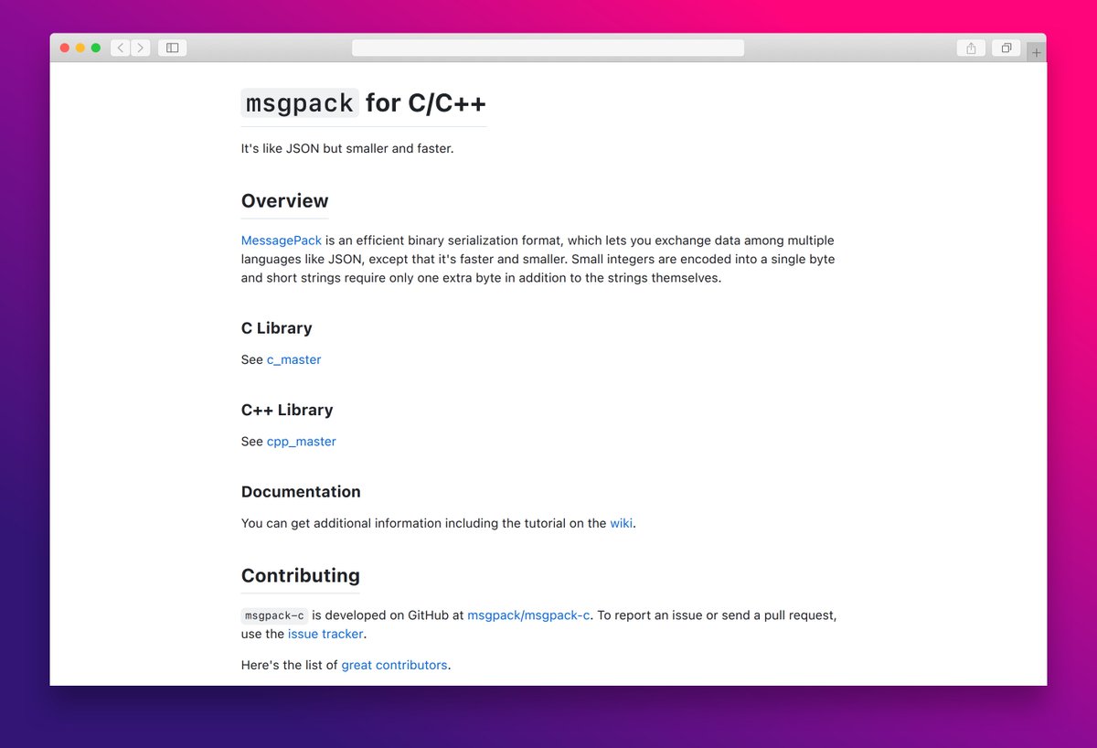 essamamdani's tweet image. msgpack-c is a fast, efficient binary serialization library for C and C++. Like JSON, but smaller.
#serialization #Cplusplus #developers #binary