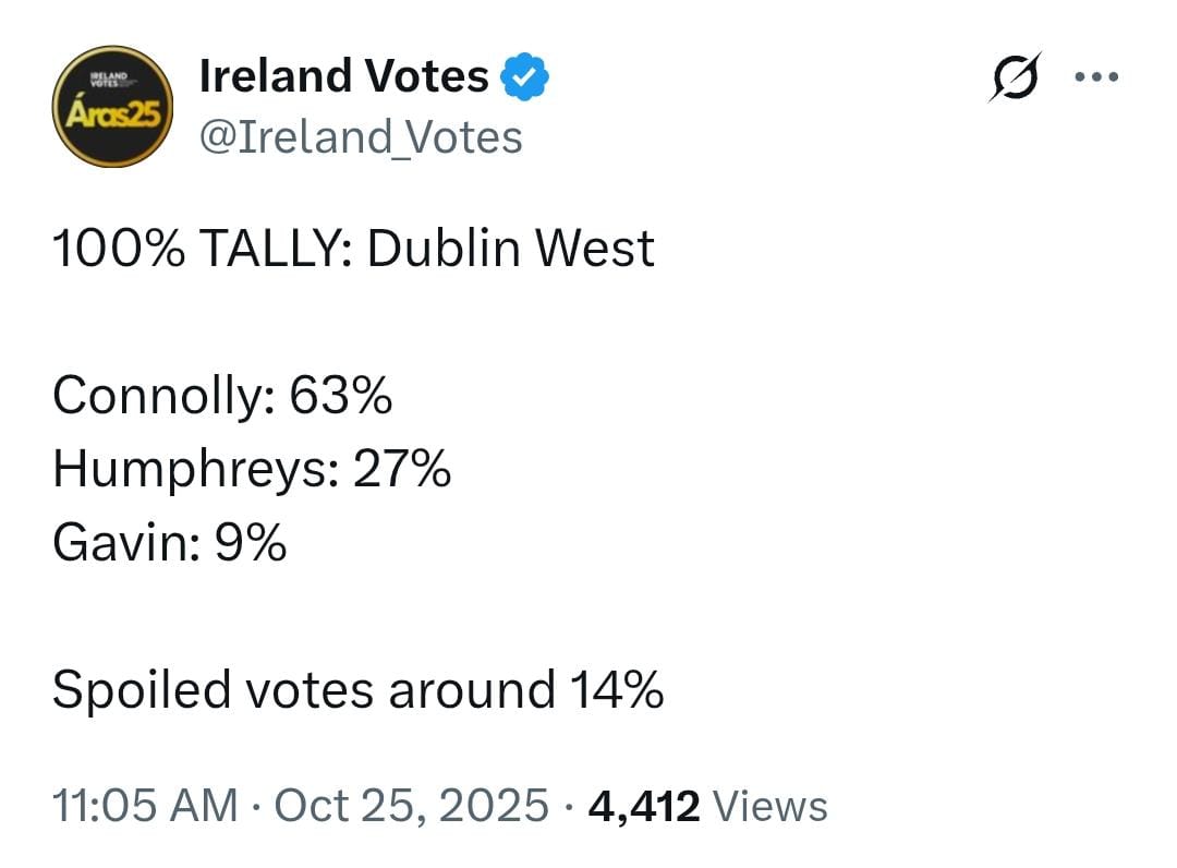 brandubh4's tweet image. Around 14% of votes spoiled in Dublin West according to @Ireland_Votes.

This is MASSIVE.

Catherine Connolly is #NotMyPresident.