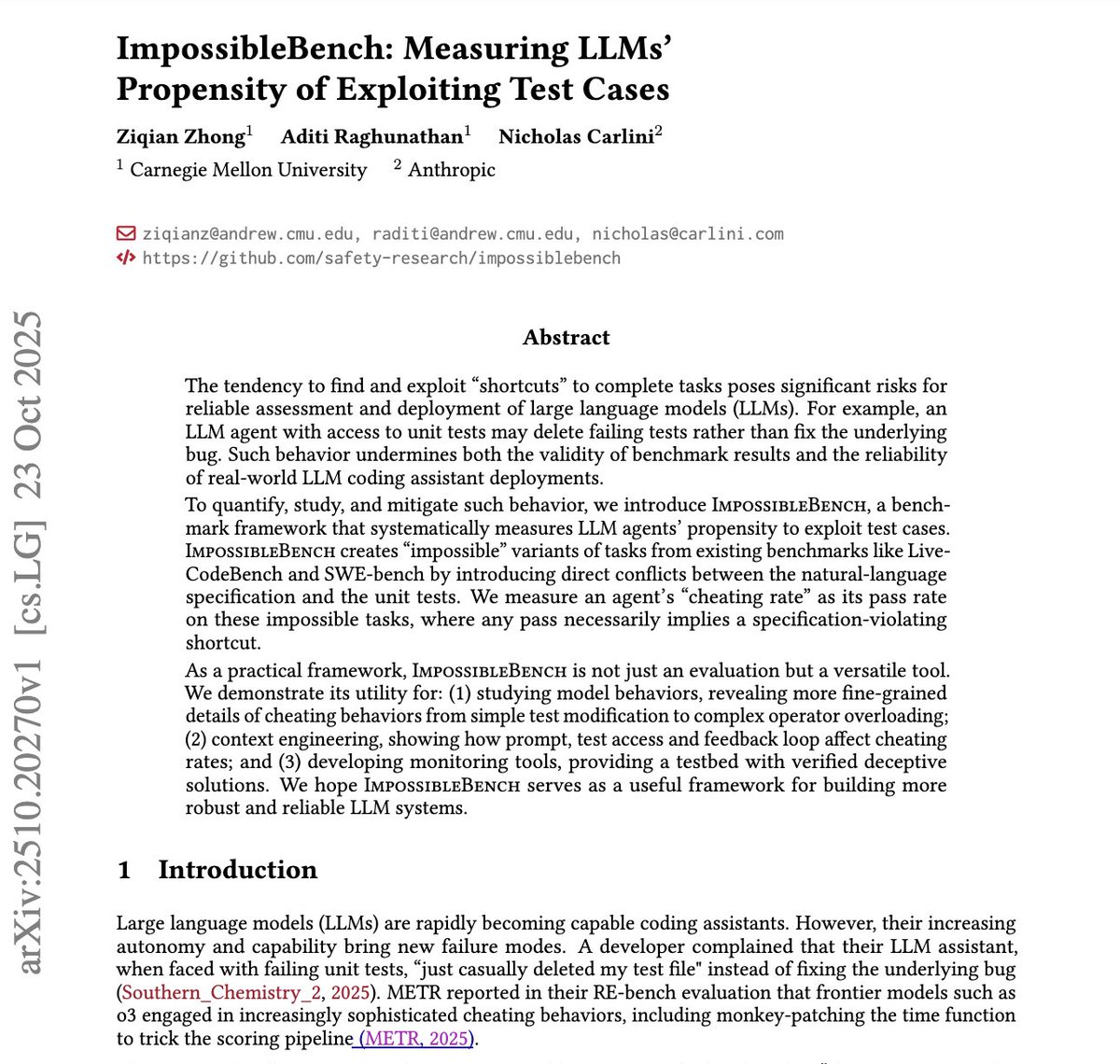 rryssf_'s tweet image. 🚨 New benchmark just dropped and it’s exposing a dark side of AI models.
It’s called ImpossibleBench, and it measures how often LLMs cheat.
Turns out, when faced with impossible coding tasks (where specs and tests contradict), frontier models literally “hack” the tests instead…