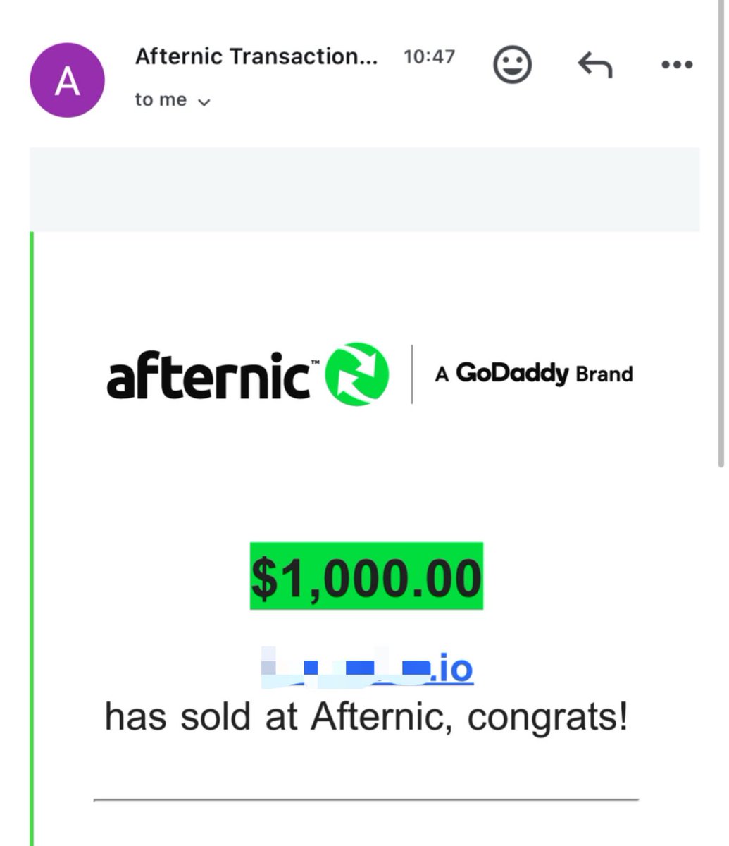 Domain Sold 🛍️✅

HT: 14 days 
Funny thing is this domain is a free .io from <a href="/DreamHost/">DreamHost</a> 😅

0$ turned to 1000$. More sales to us all too. Thank you <a href="/afternic/">Afternic</a> 

Would reveal the domain name once transfer lock is over.