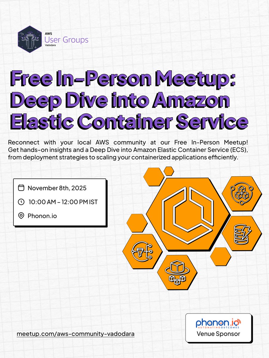awsugbdq's tweet image. Level up your container game! 🚀 Join the AWS User Group Vadodara for a Free In-Person Meetup on Amazon Elastic Container Service (ECS).

🗓️ November 8th, 2025 
⏰ 10:00 AM - 12:00 PM 
📍 Phonon.io

Register now:- meetup.com/aws-community-…
 #AWSECS #AWSUGVadodara
