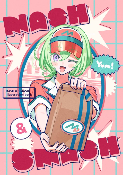【#北ティア 22 新刊】
『MASH &amp; SMASH』
ダイナーを舞台にしたキャラクター・食べ物のイラスト(&テキスト)本です
B6/20P/フルカラー

当日は既刊やグッズも持っていく予定です
🍔よろしくお願いします!👊
#北海道COMITIA 