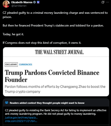 🚨 Interesting Turn of Events in the Latest <a href="/cz_binance/">CZ 🔶 BNB</a> Drama

The <a href="/binance/">Binance</a>-backed accounts were temporarily able to bypass <a href="/elonmusk/">Elon Musk</a> and the <a href="/CommunityNotes/">Community Notes</a>  system, and publish a community note under <a href="/SenWarren/">Elizabeth Warren</a>'s post, which states: "CZ pleaded guilty to a criminal money