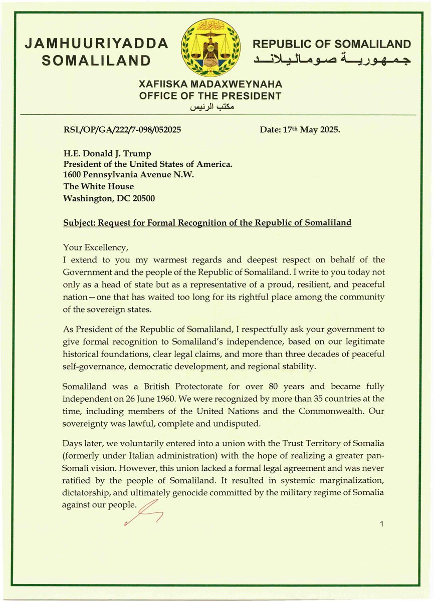 IsmailiAhmedR's tweet image. “Recognising Somaliland is not just a legal obligation—it is a moral and strategic imperative… Denying recognition to a functioning, democratic, and peaceful state undermines the values of sovereignty, justice, and self-determination.” President Abdirahman M. Abdillahi (Irro)…