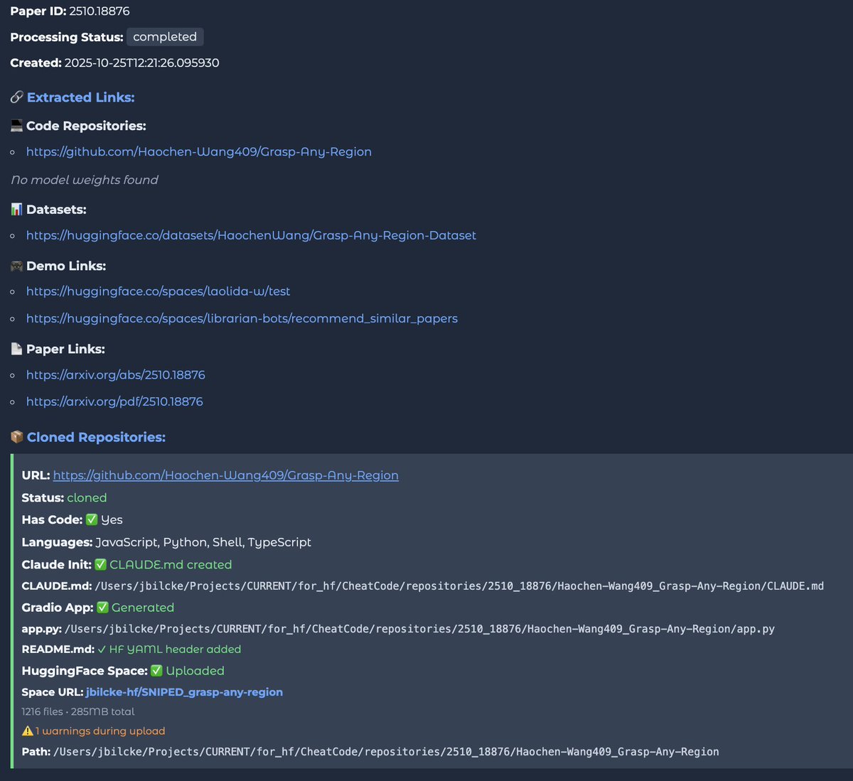 flngr's tweet image. New experiment:

CheatCode, an autonomous code sniping agent that snatches the latest research papers and create HF space demos 👨‍🔬