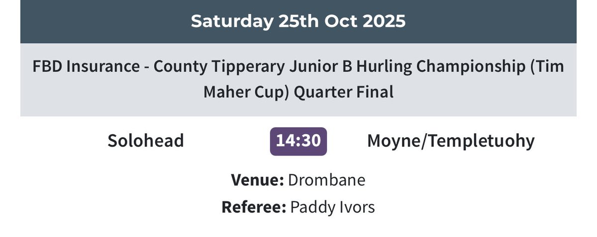 Solohead vs Moyne Templetuohy in the FBD Insurance County Junior B Hurling Championship (Tim Maher Cup) Quarter Final today at 2.30pm in Drombane

🟢🔴🟢🔴 <a href="/Westtippgaa/">West Tipperary GAA</a>