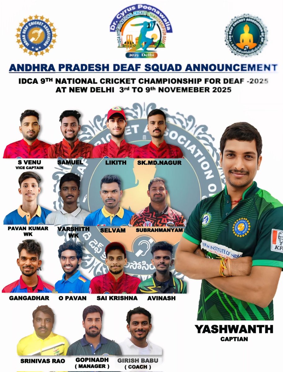 TDCAAP's tweet photo. Dreaf Cricket Associate of Andhra Pradesh, DCCAP Announcement

Here's the Andhra Pradesh Deaf Men Squad for the IDCA 9th T-20 National Cricket Championship for Deaf 2025 in New Delhi.

Wishing the boys All the very Best for a Strong and successful campaign ahead,🏏🏏❤️❤️❤️ https://t.co/I8VwmUOYeN