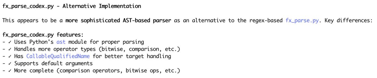 difficultyang's tweet image. I raced Sonnet and Codex again and then had Sonnet do some code review on its implementation, and it found Codex's implementation and reviewed it too. This is what it had to say: