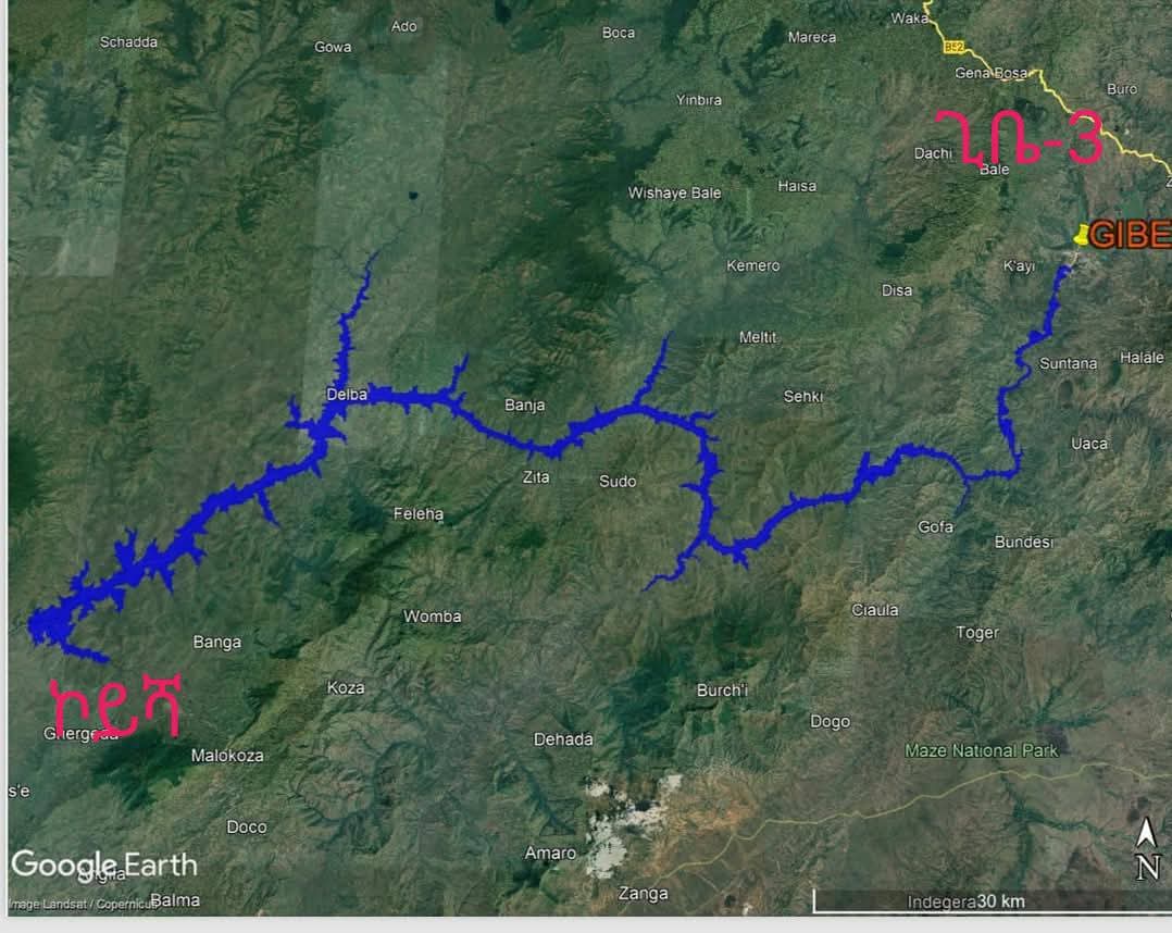 በኮይሻ ግድብ የሚፈጠረው ሰው ሰራሽ ሀይቅ ወደኋላ እስከ 130 ኪሎሜትር የሚመለስ ስሆን የሰው ሰራሽ ሀይቁ የመጨረሻ ጊቤ 3 ግድብ የተሰራበት አከባቢ ይደርሳል።
በጊቤ 3 ግድብ ምክንያት የተፈጠረው ሰው ሰራሽ ሀይቅ ደግሞ ወደኋላ 155 ኪሎሜትር የሚሸፍን