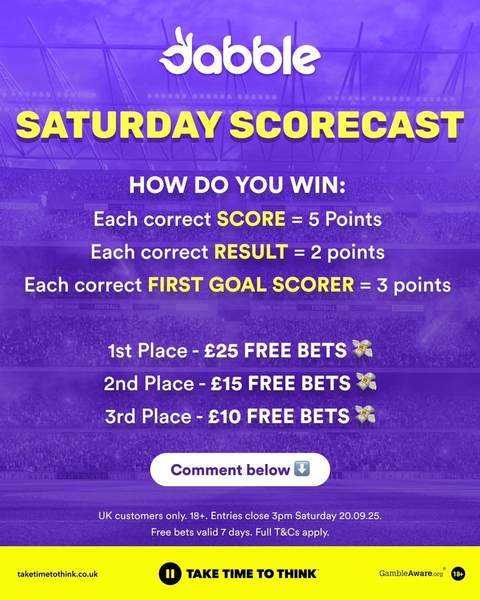 dabblecouk's tweet image. IT'S SATURDAY, SO IT'S TIME FOR...
SATURDAY SCORECAST⚽️
Give us 4 score predictions for the below 3pm KOs, along with first goal scorer!
How do you WIN:
Each correct SCORE = 5 Points
Each correct RESULT = 2 points
Each correct FIRST GOAL SCORER = 3 points
Top 3 entrants with…