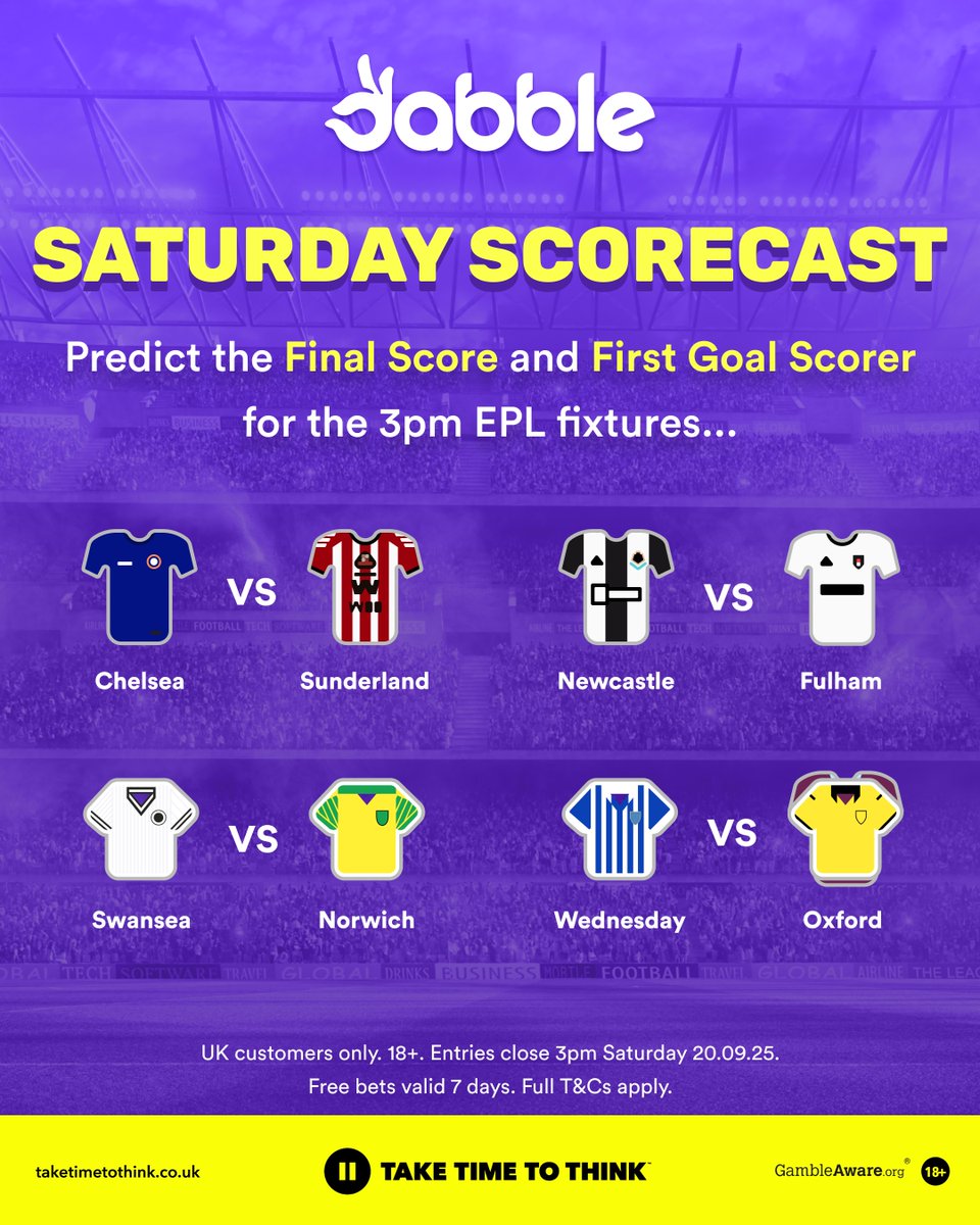 dabblecouk's tweet image. IT'S SATURDAY, SO IT'S TIME FOR...
SATURDAY SCORECAST⚽️
Give us 4 score predictions for the below 3pm KOs, along with first goal scorer!
How do you WIN:
Each correct SCORE = 5 Points
Each correct RESULT = 2 points
Each correct FIRST GOAL SCORER = 3 points
Top 3 entrants with…