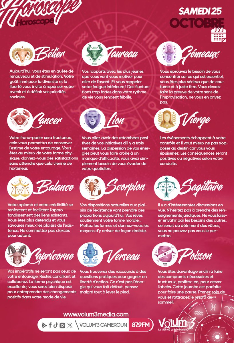 Volum3Cameroun's tweet image. 🌌L&apos;Horoscope du jour ___ Cette journée s’annonce riche en émotions et en opportunités ! Les astres encouragent la confiance en soi et les initiatives audacieuses. 

#LaVibeDeTaGeneration
#horoscopedujour
#hellooctober