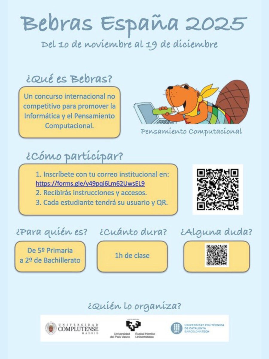¿Buscas buenos problemas para trabajar el #PensamientoComputacional?
¡Participa en el concurso Bebras 2025! 
Evento no competitivo para promover el Pensamiento Computacional en las aulas.
Cualquier día entre el 10/11/25 y el 19/12/25
Inscripciones en bit.ly/4nixffx
