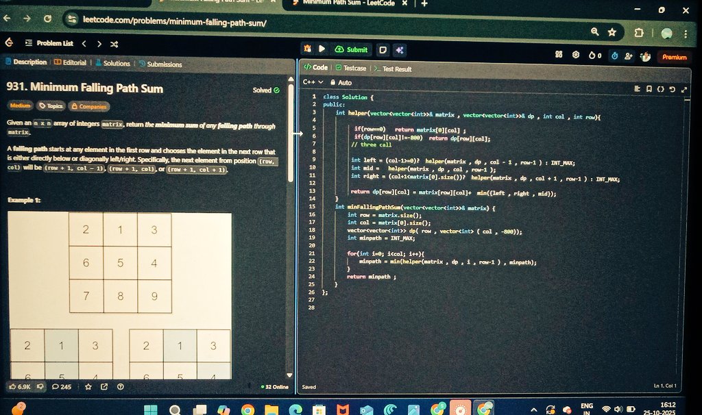 __Shankarlal's tweet image. Day 22 #100dayofcode
Problem solved ✅
Leetcode 931(Minimum Falling pathsum )
Leetcode 64(Minimum path sum)