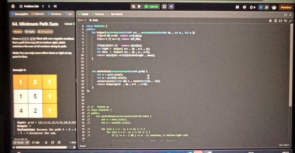 __Shankarlal's tweet image. Day 22 #100dayofcode
Problem solved ✅
Leetcode 931(Minimum Falling pathsum )
Leetcode 64(Minimum path sum)