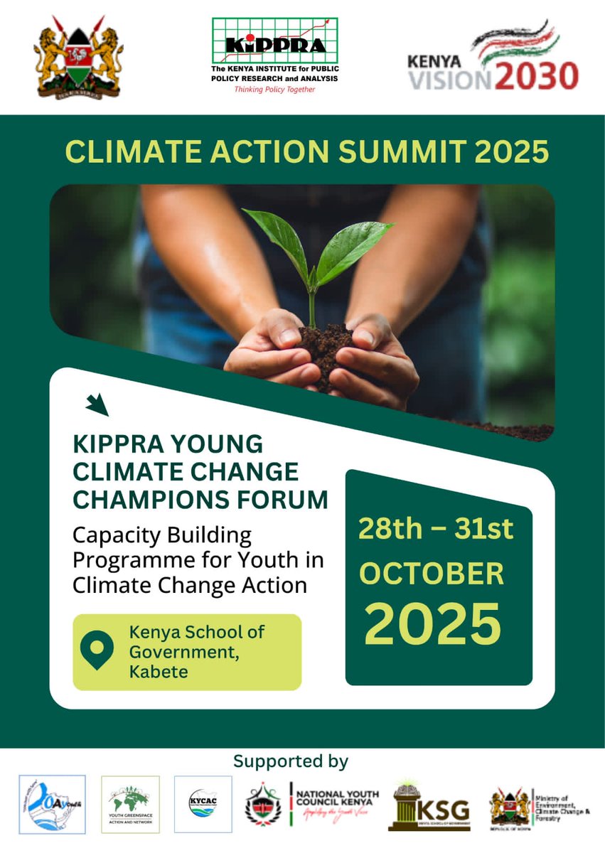 NYC_YouthVoice's tweet photo. The National Youth Council, in collaboration with the Kenya Institute for Public Policy Research and Analysis (@KIPPRAKENYA), has organized a Capacity Building Workshop during the Climate Action Summit, taking place from 28th to 31st October 2025 at the Kenya School of Government, Nairobi.

This initiative aims to equip young people with knowledge and skills to meaningfully engage in climate change policy discussions ahead of the 30th Annual Conference of the Parties (COP 30).

Join us as we amplify the youth voice in shaping climate action and sustainable solutions for our future.
Register here:

https://t.co/yJ6jRsIeuy

@GreenspaceYouth
@Oayouthkenya 
Scenes JD Vanes NYOTA
@MuemActionPost