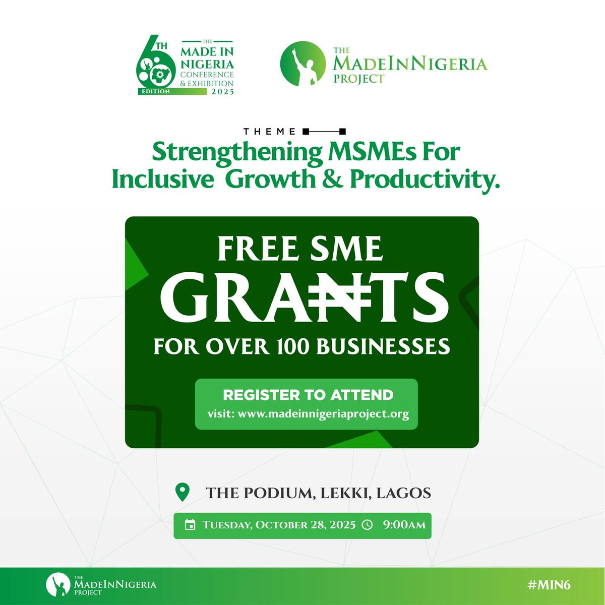 abdullahayofel's tweet photo. BREAKING: At #MIN6, Free Business Grants to Be Awarded Live Your Big Shot at Startup Stardom ❤️🇳🇬
At the upcoming Made in Nigeria Project 6 (#MIN6), the stakes just got real: this edition of the event is not just about insights, it is about investment. Organisers reveal that they’ll be giving out exclusive, non-repayable business grants live at the event a rare opportunity to secure the capital that could transform your vision into reality.
But there’s a catch: You must be physically present in the room to win. Attendance is essential. No-show means no shot.
📌 Register now at https://t.co/eDGGtmPawC to secure your place and your chance to scale your business to the next level.