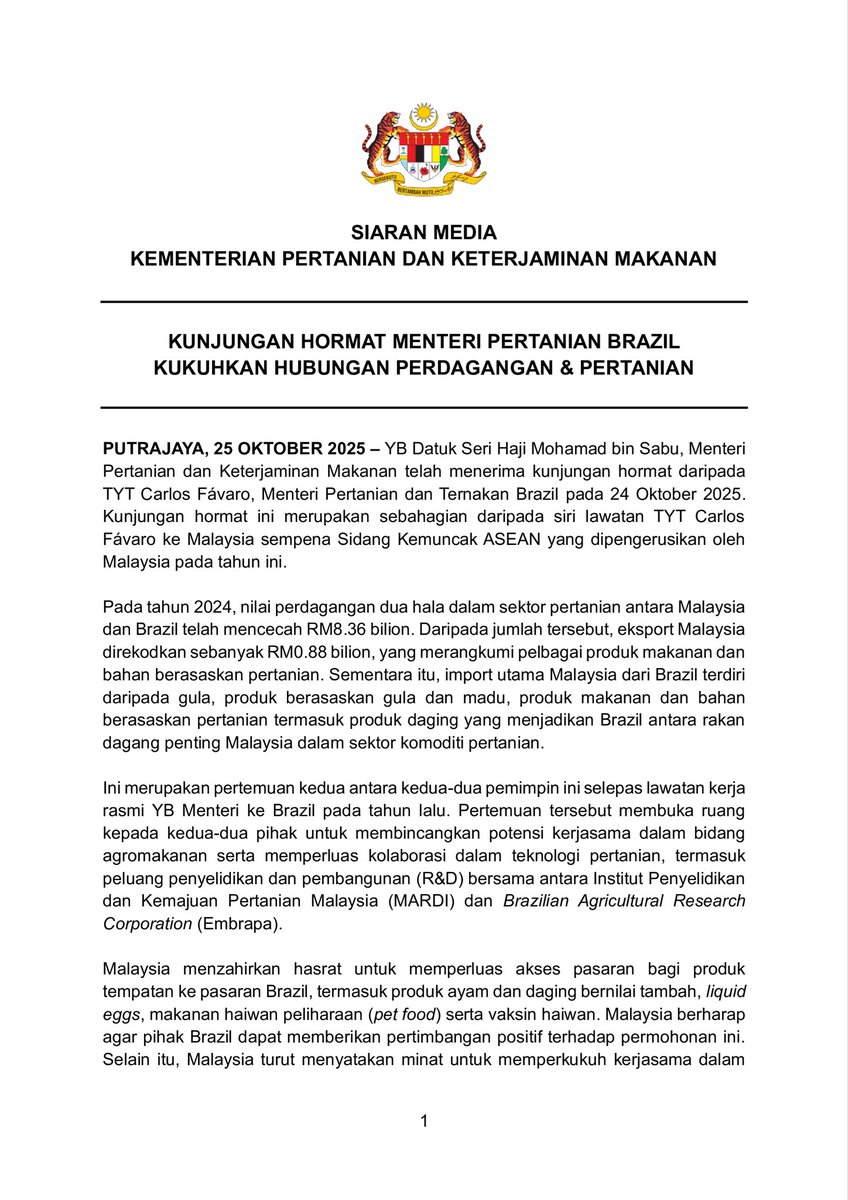 kpkmmalaysia's tweet photo. SIARAN MEDIA

KUNJUNGAN HORMAT MENTERI PERTANIAN BRAZIL KUKUHKAN HUBUNGAN PERDAGANGAN &amp; PERTANIAN

#MalaysiaMADANI
#MADANIBekerja
#KPKMMalaysia
#TaatSetia
#OurFoodOurFuture https://t.co/n2GZCphX1q