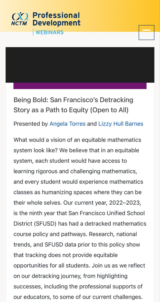 It’s October, 2025.

SFUSD walked back its own experiment in math detracking more than a year ago, admitting it didn’t produce equity. 

SFUSD students are taking Algebra in 8th grade now.

Yet <a href="/NCTM/">NCTM</a>’s professional learning is still promoting detracking as a path to equity – long