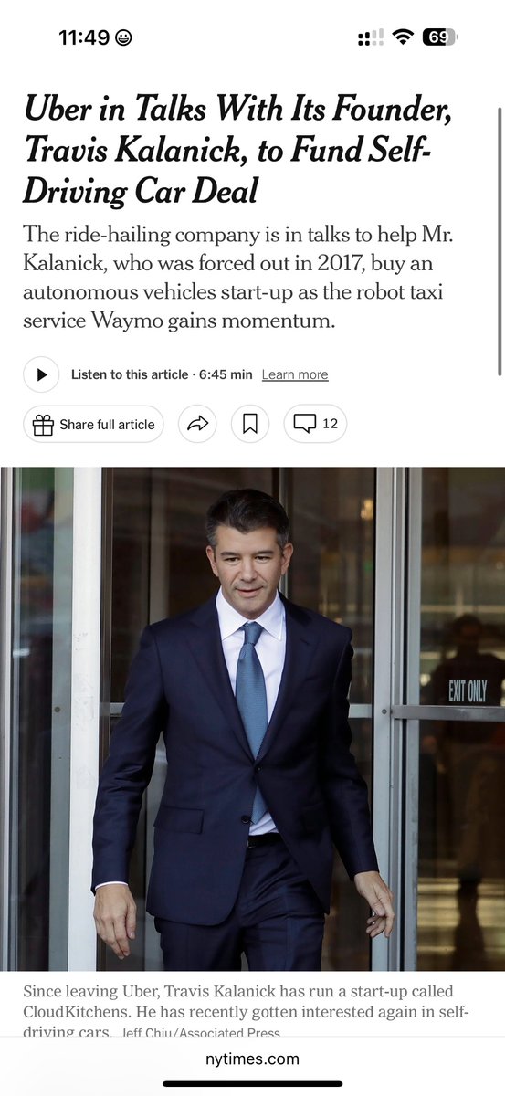 levelsio's tweet photo. It looks like @travisk may finally be returning to Uber

He was kicked out by VCs of the company he founded almost a decade ago

Uber since became profitable but also the quality of rides worldwide went to shit

And the technology they pioneered first, self-driving cars, which they scrapped after kicking out Travis, has now become a threat to their existence with both Waymo (Google) and Tesla expanding their robotaxis agressively

Travis coming back to Uber after a decade would a classic Silicon Valley hero return story, just like Steve Jobs came back to save Apple and more recently Sergey Brin came back to save Google

Similarly Google pioneered the AI tech everyone benefiting from but was then unable to profit from it until Sergey Brin came back and now Google is leading in AI again