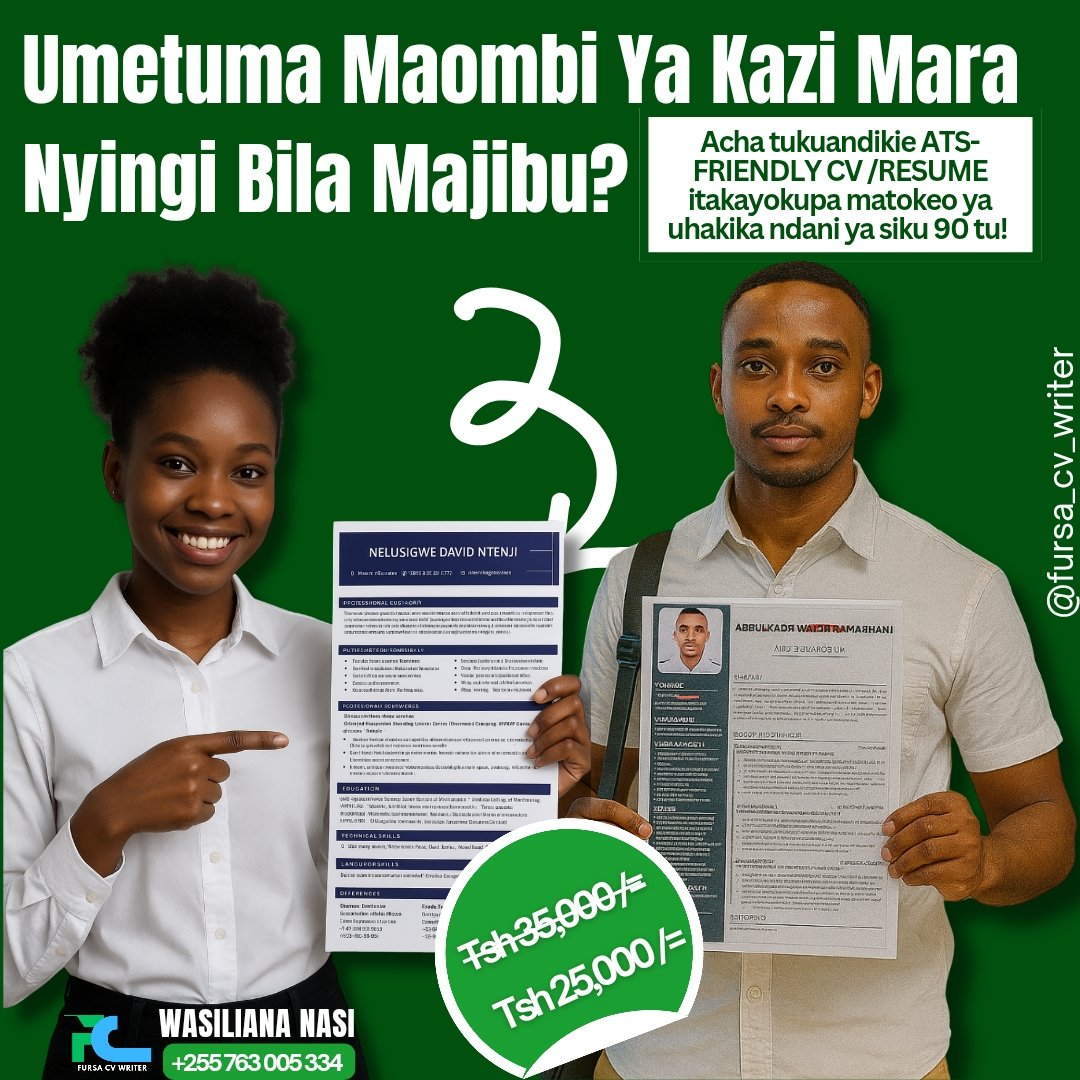 fursacvwriter's tweet photo. Umekuwa unatuma maombi ya kazi kila siku bila majibu? 😩

Tatizo sio Wewe, ni CV Yako!

Penyezwa kwenye mifumo ya ATS na upate nafasi ya kuitwa kwenye Interview mara nyingi zaidi!

Tunakuandikia ATS-Friendly CV/Resume kwa ubora wa kimataifa. 

DM sasa https://t.co/oIsiZWzsdT